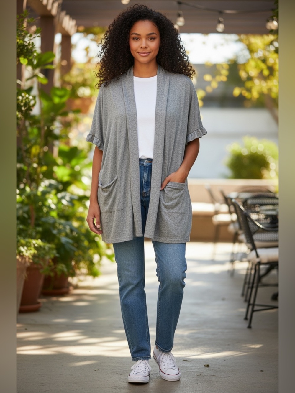 Simple by Suzanne Betro Light Weigjter Cardigan w/ Pockets Frilly Arms Cute Look